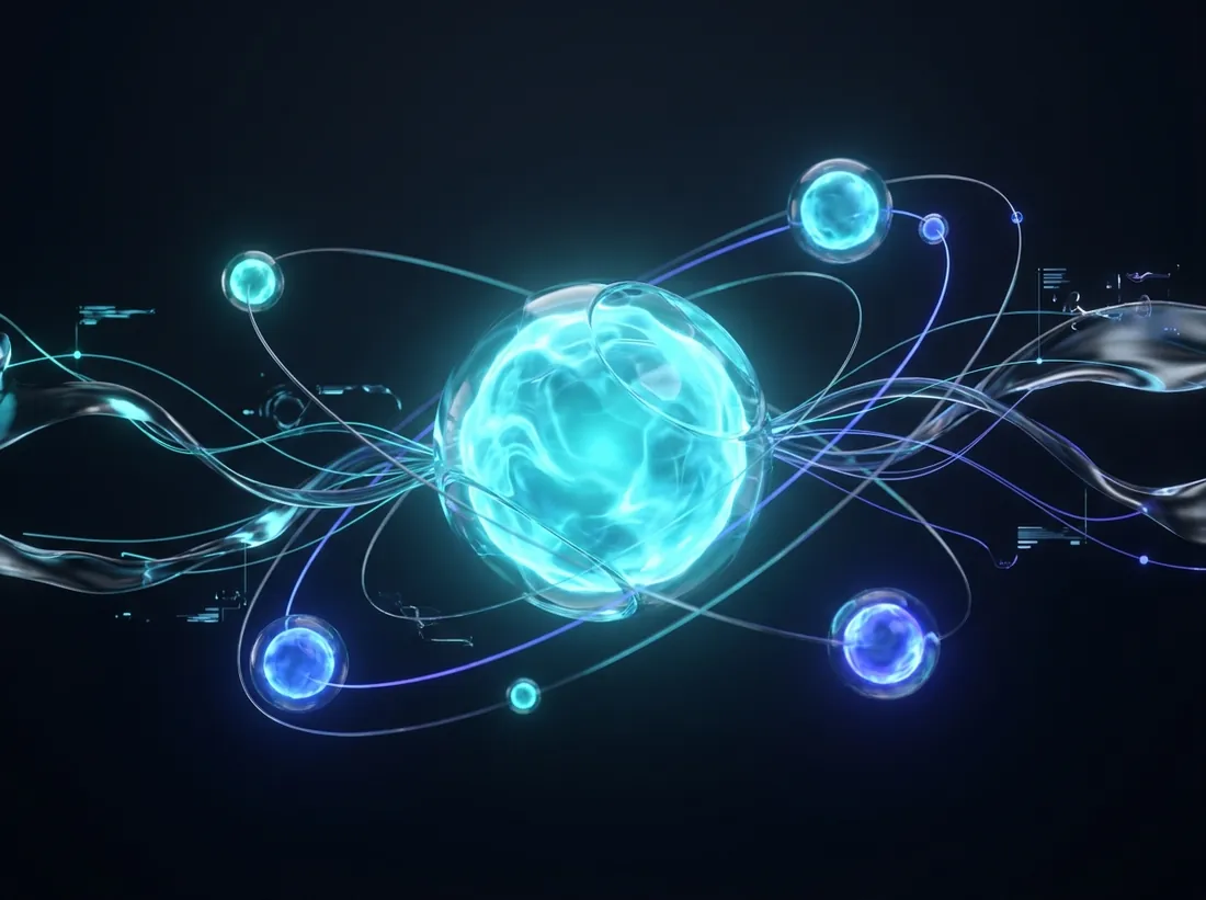 A luminous AI agent orb with orbiting satellites