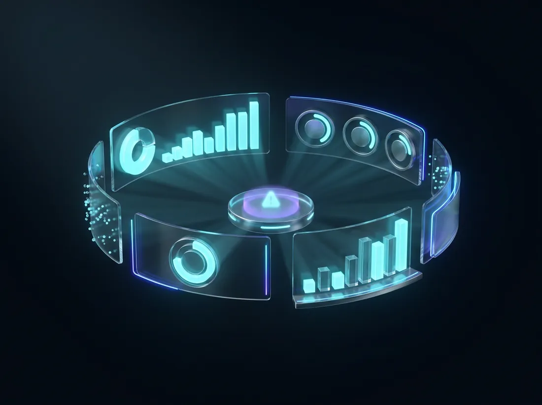 A holographic command dashboard of charts and alerts