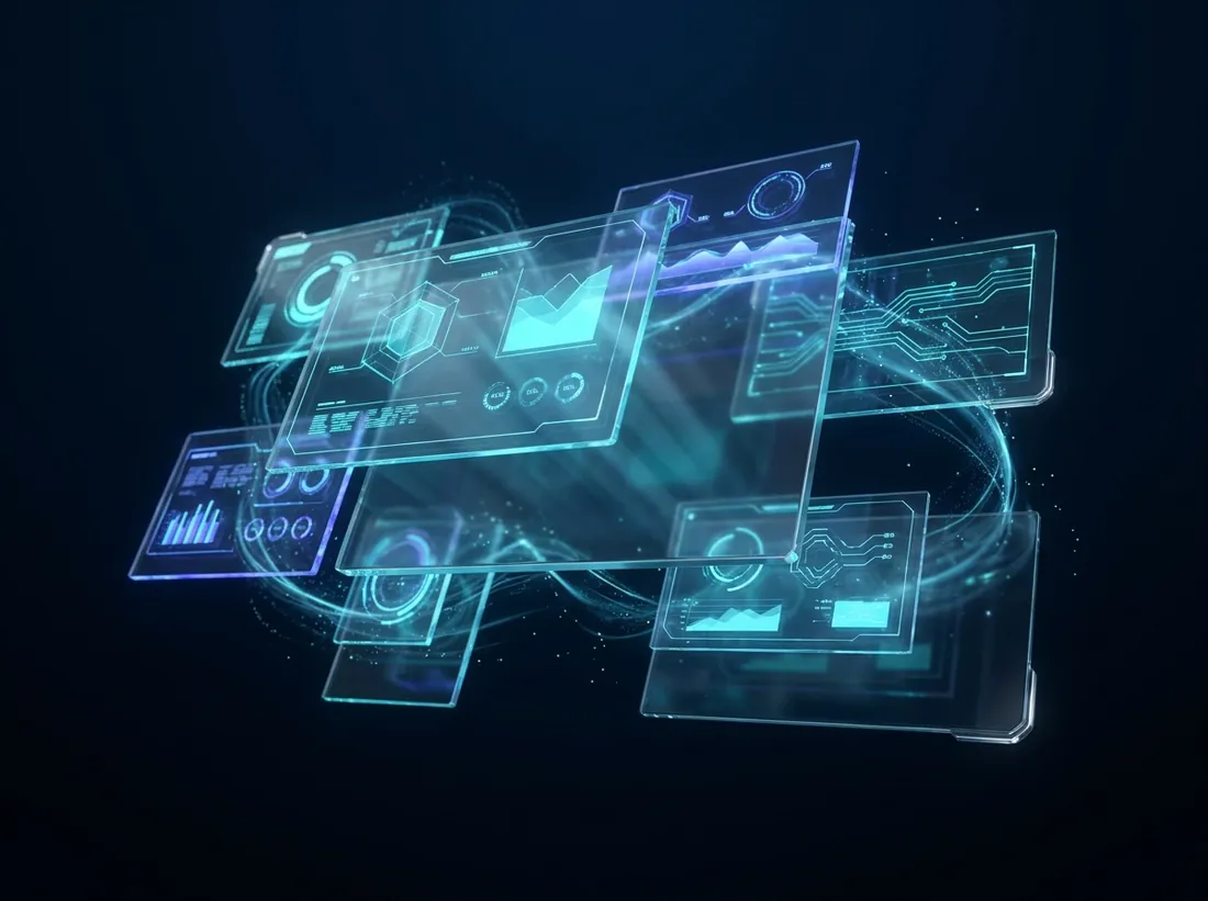 Holographic software dashboards assembling in dark space